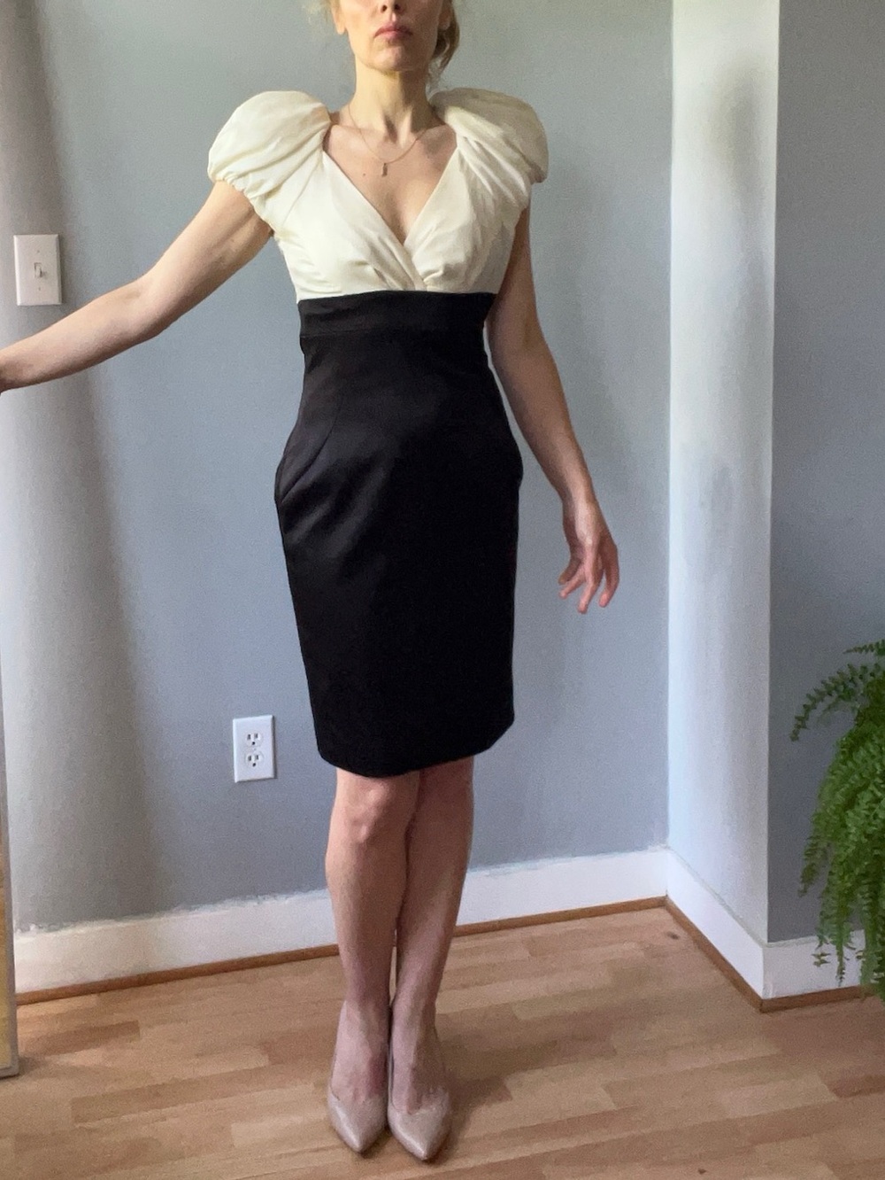 Ted Baker Black & Cream Puff Sleeve Midi Dress